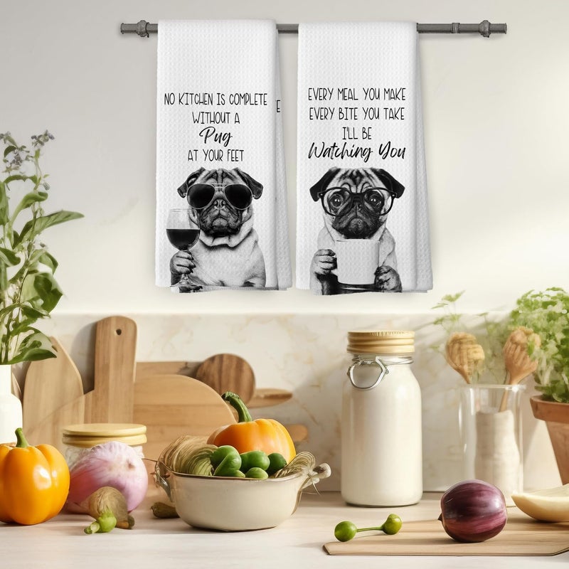 Mcehtle Funny Pug Kitchen Towels Set of 2, Dog Kitchen Accessories, Coffee Station Wine Bar Decor, Dog Chef Gift Hand Towel, Dining Room Decorative Tea Towel Dish Towels 16x24 Inch - Image 4